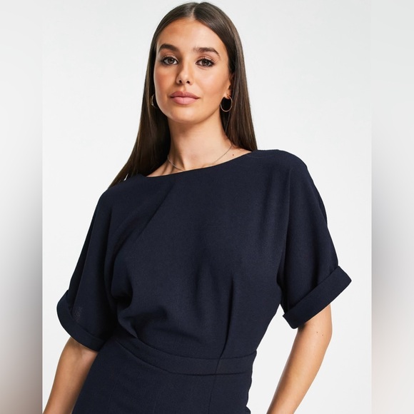 NWT [ASOS] Wiggle Pleated Midi Cap Sleeve Scoop Neck Black Dress Women’s Sz 2 - Picture 3 of 12